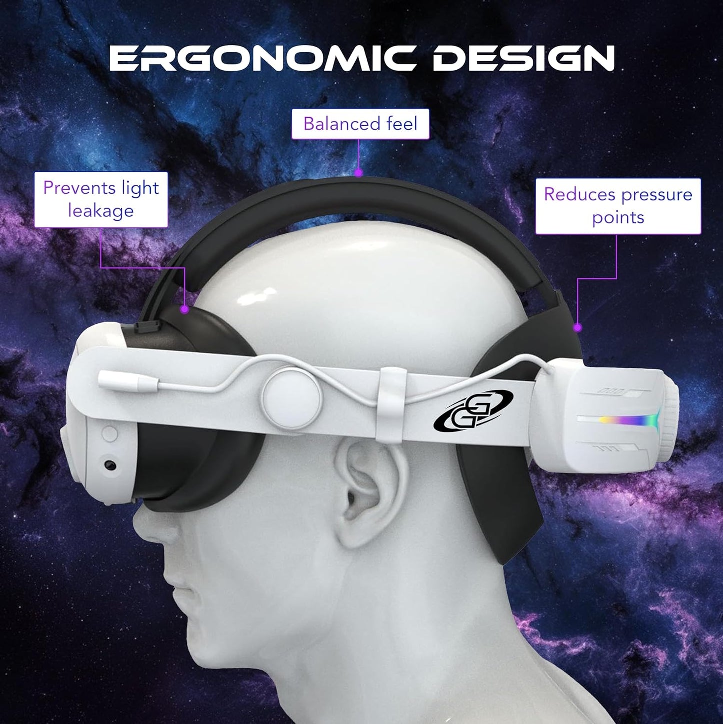 Premium Comfort Head Strap with Extended Battery Life 8000mAh - RGB Lights - Compatable with Oculus/Quest 2